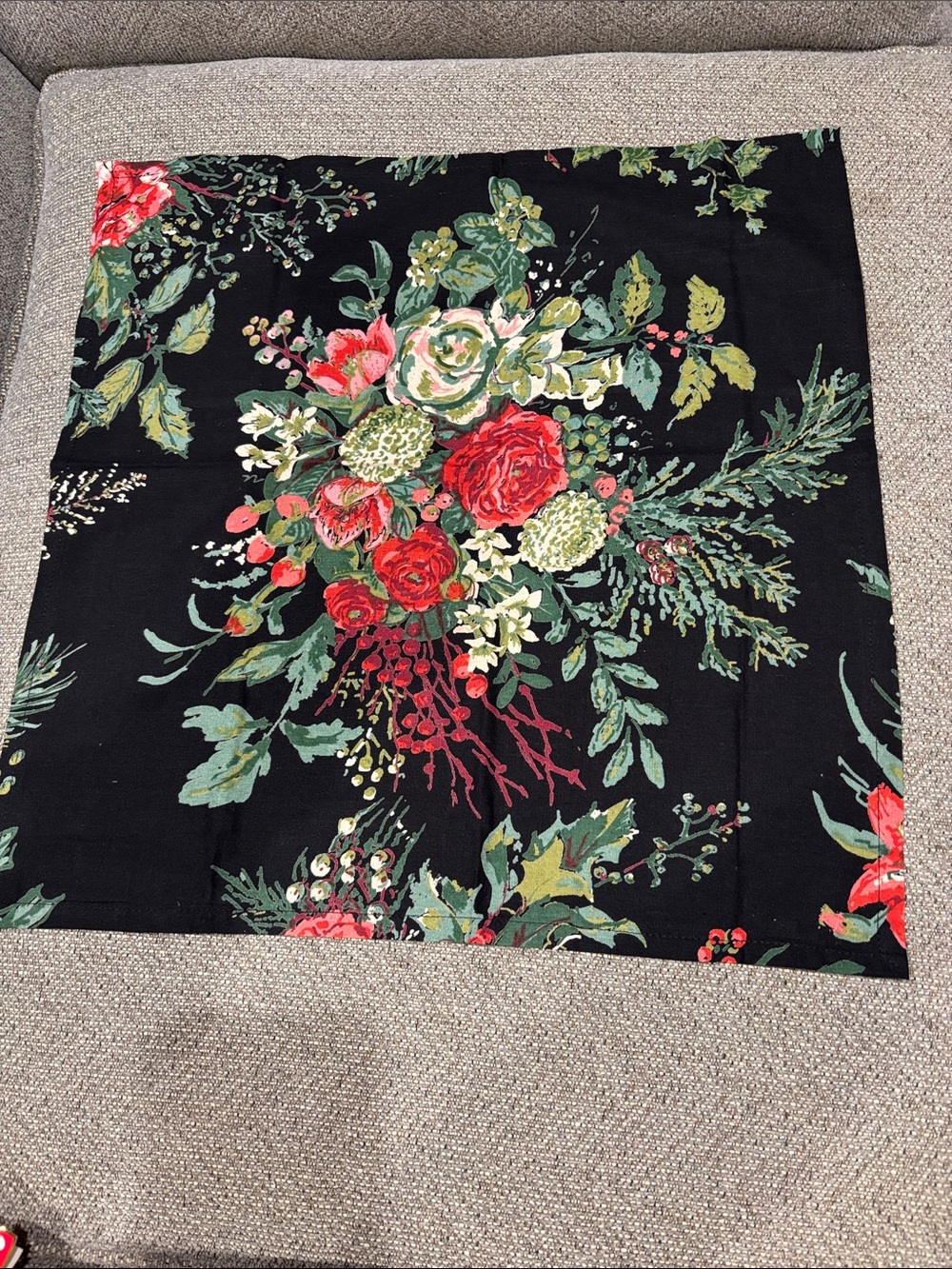 April Cornell Black with Red and Green Floral Print napkins set of 10